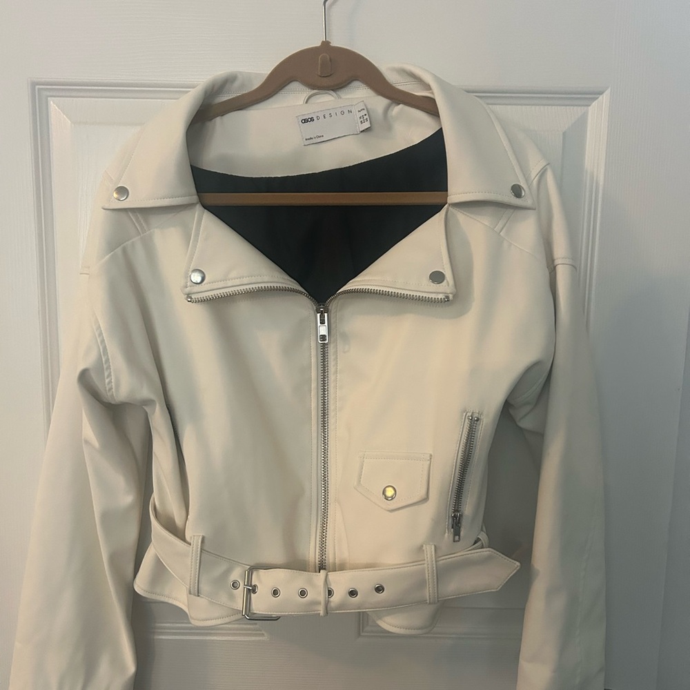 Petite Cream Faux Leather Belted Jacket